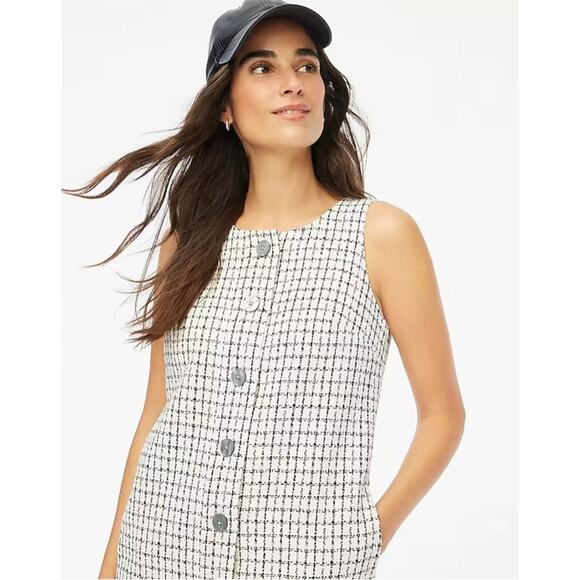 NWT J.Crew Sleeveless Tweed Shift Dress Size 12P Button-Front Black White Boucle - Picture 11 of 16